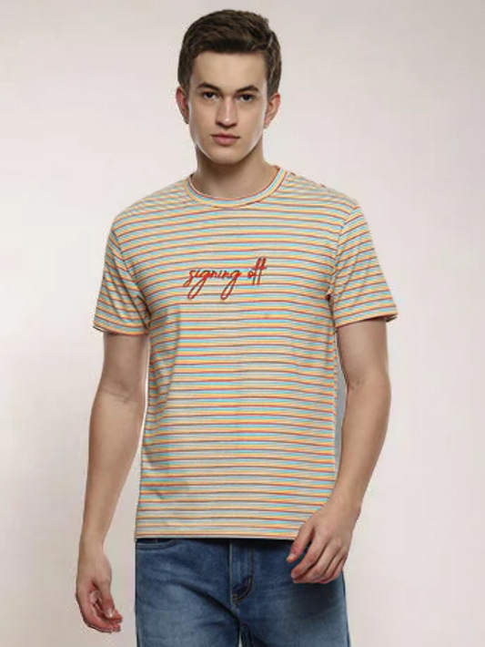 Signing Off Men's Embroidered Stripes T-shirt for men in Yellow